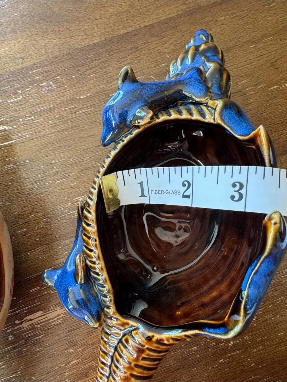 Vtg Blue Glazed Ceramic Pottery Conch Shell With Dolphins In Surf Planter set  2